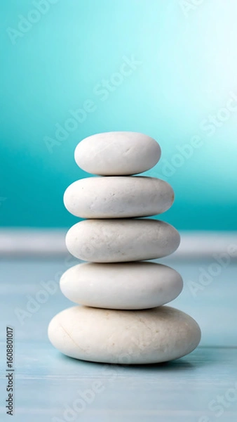 Fototapeta Serene stack of smooth white zen stones balanced perfectly on a light blue surface with a soft turquoise background