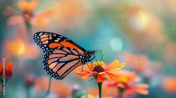 Fototapeta Monarch butterfly resting on a vibrant orange flower in a soft focus garden