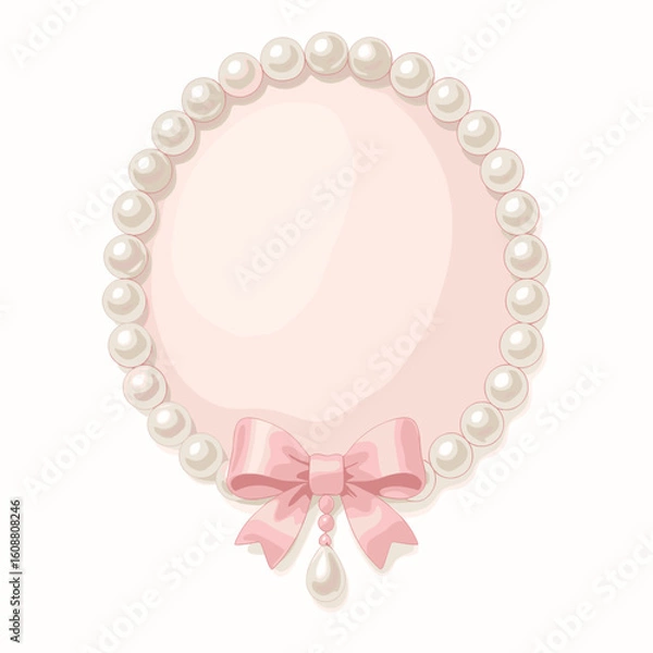 Obraz Round Pearl Frame – Pink Bow Circle Border for Elegant Stationery or Labels