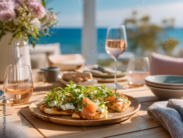 Fototapeta Smoked salmon pizza with , glass of white wine on a rustic wooden table with ocean view.