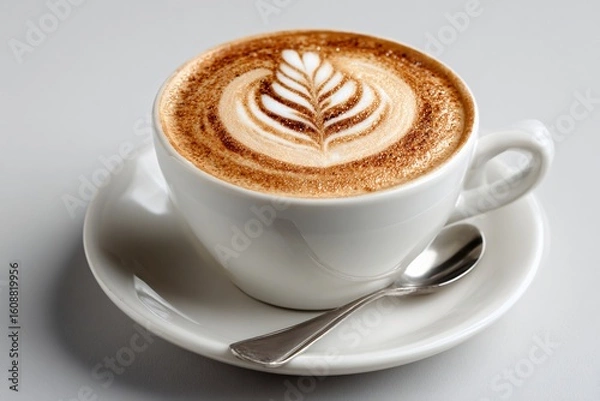 Fototapeta Delicious Close up of a Frothy Cappuccino with Latte Art in a White Cup