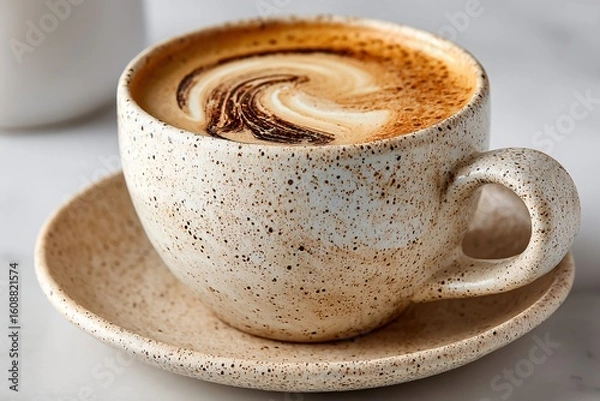 Fototapeta Close up of a Stylish Coffee Cup with Latte Art and Speckled Texture