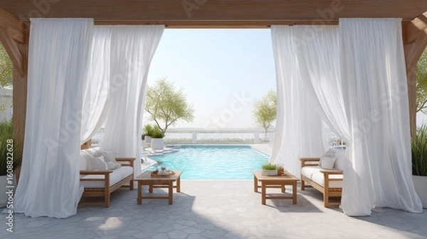 Fototapeta A tranquil outdoor area features a pool, white curtains, wooden seating, and natural elements for a relaxing experience.