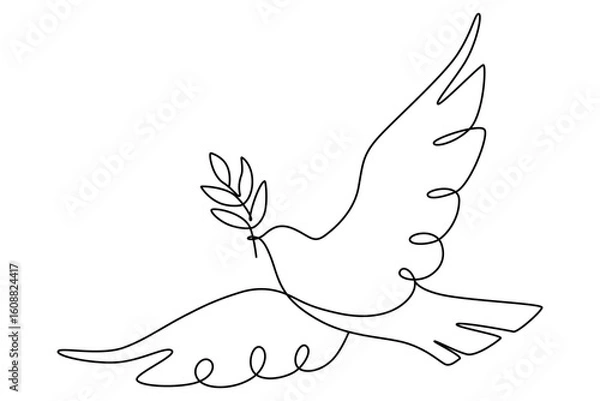 Fototapeta Peace dove with olive branch in One continuous line drawing. Bird and twig symbol of peace and freedom. Vector illustration eps 10