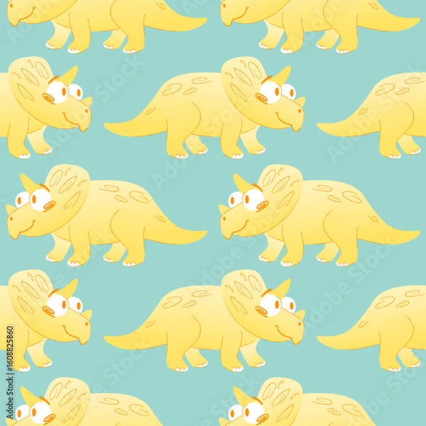 Fototapeta Seamless Playful Playful template featuring cartoon yellow triceratops dinosaurs on a light blue background. Dinosaurs have big eyes and friendly expression. Vector illustration