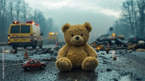 Obraz Teddy bear sits amidst wreckage
