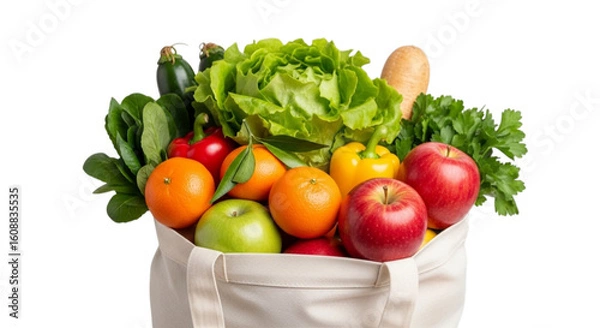 Obraz Fresh healthy organic vegetables and fruits in a reusable shopping bag isolated on transparent background