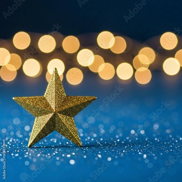 Fototapeta golden christmas background with stars, Golden star award sits on dark blue surface, sparkling with bokeh lights, confetti. Represents first place victory in computer games, top performance, employee 