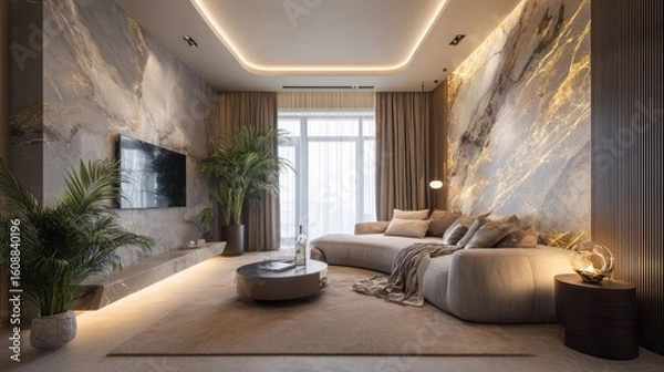 Fototapeta Luxurious modern living room with marble walls, large sofa, and warm lighting