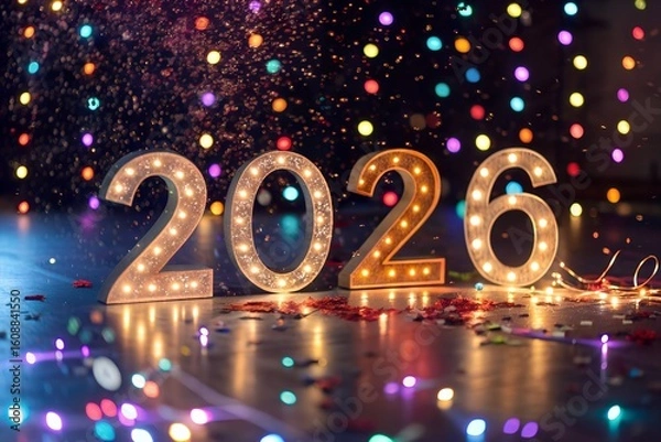Fototapeta Glowing 3D 2026 Numbers with Confetti Explosion and Spotlight in Festive New Year Celebration Scene