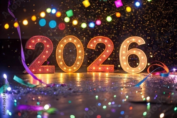 Fototapeta Glowing 3D 2026 Numbers with Confetti Explosion and Spotlight in Festive New Year Celebration Scene