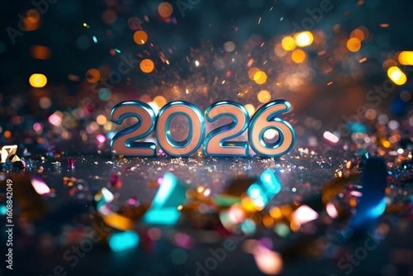 Fototapeta Glowing 3D 2026 Numbers with Confetti Explosion and Spotlight in Festive New Year Celebration Scene
