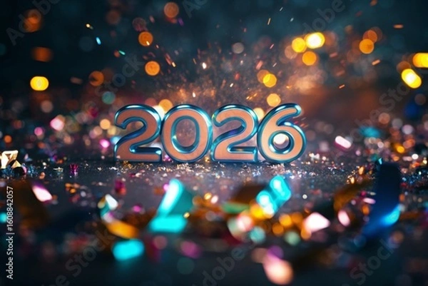 Fototapeta Glowing 3D 2026 Numbers with Confetti Explosion and Spotlight in Festive New Year Celebration Scene