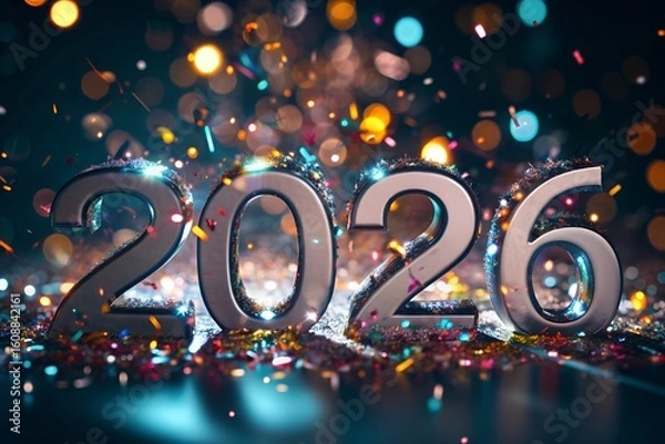 Fototapeta Glowing 3D 2026 Numbers with Confetti Explosion and Spotlight in Festive New Year Celebration Scene
