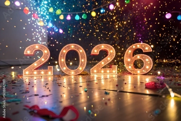 Fototapeta Glowing 3D 2026 Numbers with Confetti Explosion and Spotlight in Festive New Year Celebration Scene