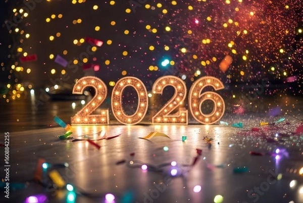 Fototapeta Glowing 3D 2026 Numbers with Confetti Explosion and Spotlight in Festive New Year Celebration Scene