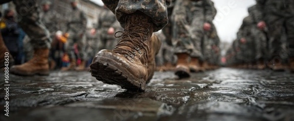 Fototapeta A worn, brown boot steps confidently through a puddle on a dark, textured , suggesting resilience and determination in challenging conditions.
