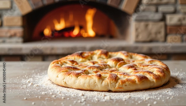 Fototapeta Fresh pizza on a wooden table in front of a stone oven  