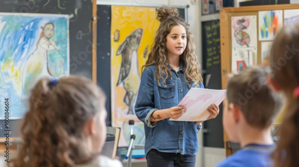Fototapeta Girl presenting in classroom with artwork displayed while students are listening intently