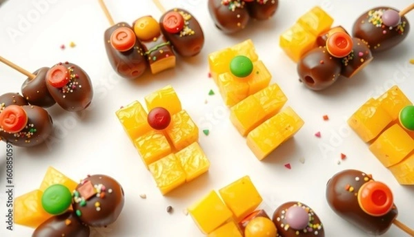 Fototapeta Whimsical Fruit and Chocolate Skewers: A Vibrant Culinary Arrangement