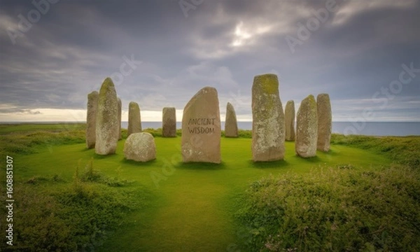Obraz Circle of weathered stones, inscribed with ancient wisdom, on a grassy knoll overlooking the ocean. Cloudy sky