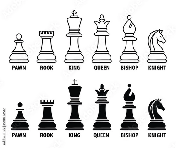 Fototapeta Strategic Chess Clip Art Editable transparent Black and White Vector Icons with King, Queen, Knight, Rook, Bishop and Pawn Silhouettes and one line for Tournament Checkmate and Board Game Infographics