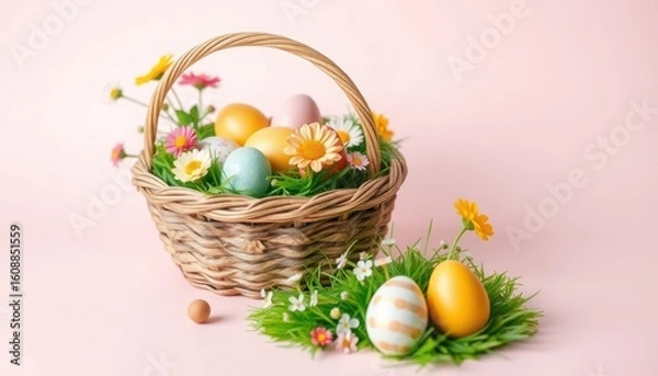 Fototapeta Charming easter basket with pastel eggs and blossoms against a soft pink backdrop