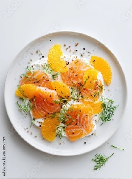 Fototapeta Plate of orange slices, dill, and salmon on a creamy base