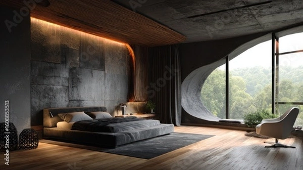 Fototapeta Modern bedroom with dark tones, a large curved window offering a lush forest view, and wooden flooring.  A low platform bed and armchair complete the scene