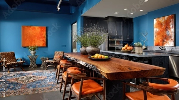Fototapeta Stylish kitchen area with a long wooden table, artwork, and chairs, blending modern and rustic elements