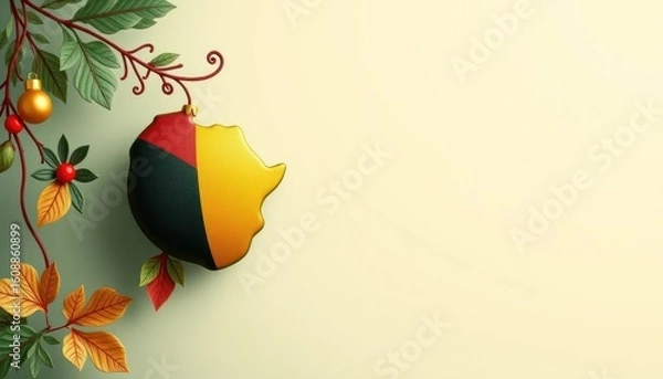 Fototapeta Creative Christmas ornament shaped like the map of Africa, decorated in Pan-African colors, hanging on festive greenery. A symbolic design blending cultural identity with holiday celebration.