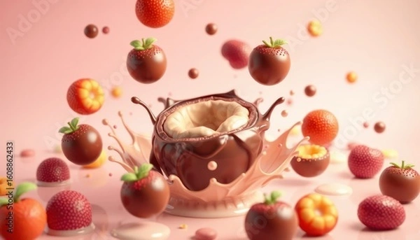 Fototapeta Charming Dessert Still Life with Chocolate Pot and Floating Fruit Delights
