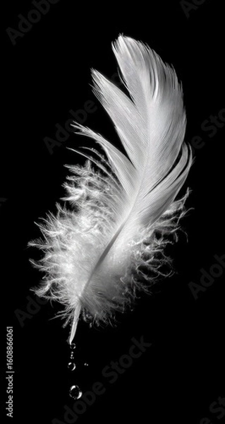 Fototapeta Single white feather, delicate and flowing, with water droplet
