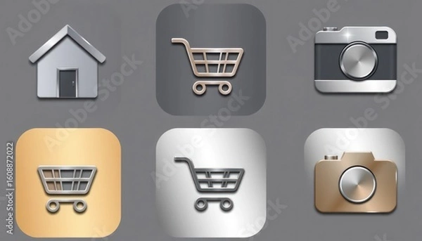 Fototapeta Metal icon set featuring home, shopping cart and camera on gray background