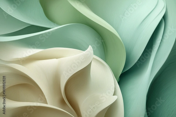 Fototapeta Ultra-detailed abstract floral-inspired background with soft pastel colors and flowing organic shapes resembling delicate petals or textile waves in natural mint and beige tones