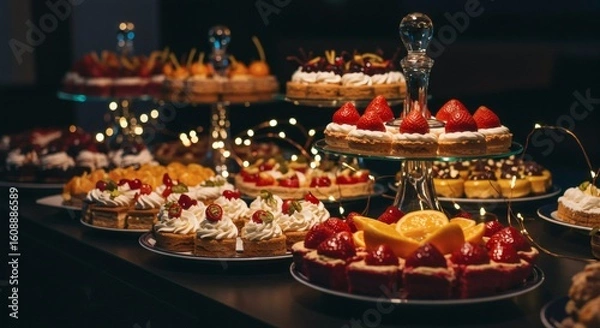 Fototapeta Assorted gourmet desserts on a beautifully lit buffet table, featuring fruit tarts, cakes, and pastries for a celebration.