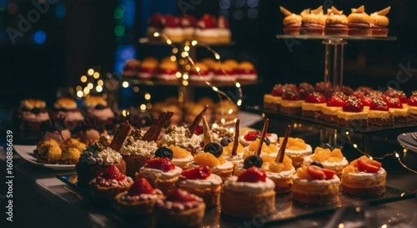 Fototapeta Gourmet Dessert Buffet with Assorted Pastries and Twinkling Lights