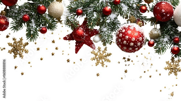 Fototapeta Festive christmas tree ornaments and snowflakes isolated on transparent background