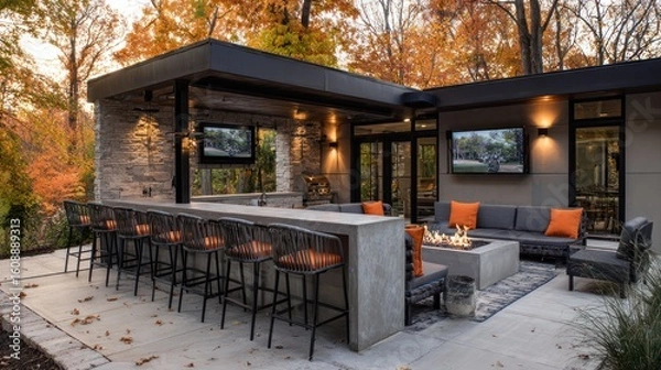 Fototapeta Inviting outdoor living space with bar, fireplace, seating, and autumnal trees