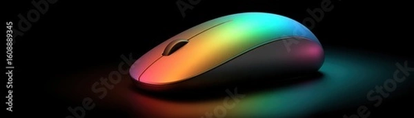 Fototapeta A sleek, modern computer mouse illuminated with a vibrant, rainbow-colored gradient on a dark background, clean mouse