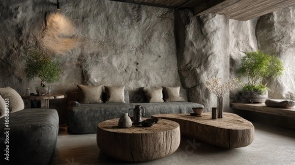 Fototapeta A cave-like living room with stone walls, sofas, and bonsai trees