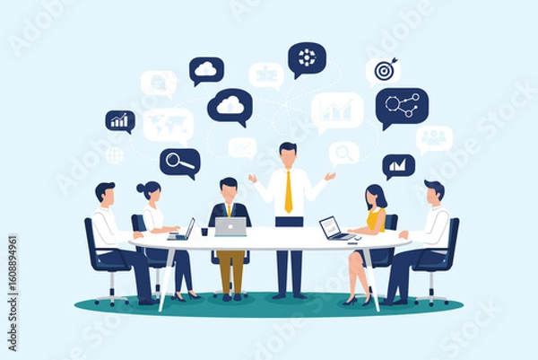 Fototapeta Business team meeting for strategic planning, global fostering effective communication and collaborative innovation towards shared goals. flat vector illustration