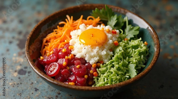 Fototapeta a rainbow poke bowl with seaweed and tofu
