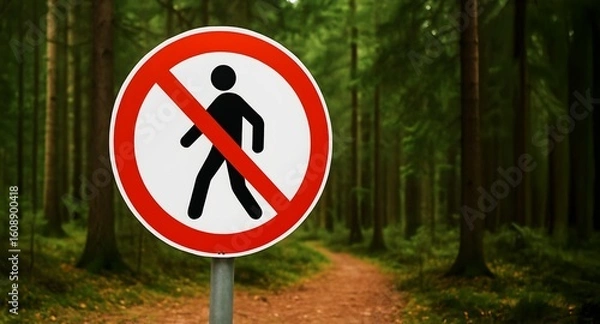 Fototapeta No Pedestrian Sign on Forest Path