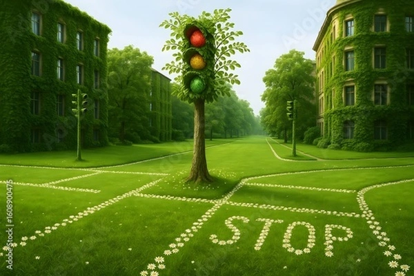 Fototapeta Eco-Friendly Intersection with Green Traffic Light Tree and Daisy Road