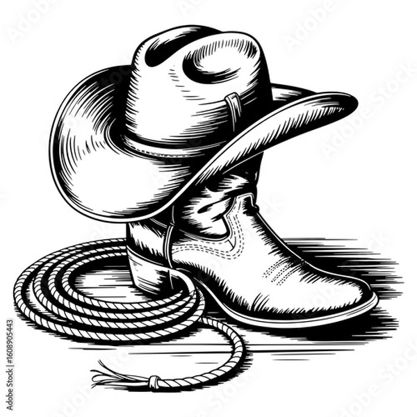 Fototapeta Vector Illustration Frame from rope lasso with cowboy boots and hat in engraving style. Design element for sign, poster, card, banner