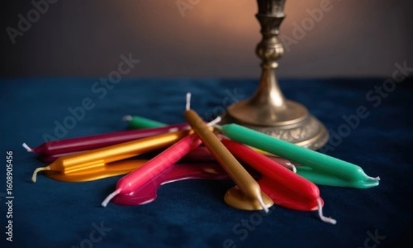Fototapeta Colorful tapered candles pooled on a dark surface, beside a brass candleholder