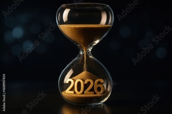 Obraz Time's Passage: A close-up shot reveals an hourglass with the year 2026 etched in sand, symbolizing the passage of time and anticipation for the future.