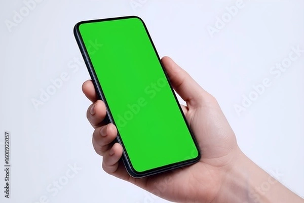 Fototapeta Person holding a modern smartphone with a green screen, ready for content