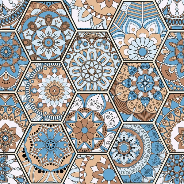 Fototapeta Luxury oriental tile seamless pattern. Colorful floral patchwork background. Mandala boho chic style. Rich flower ornament. Hexagon design elements. Portuguese moroccan motif. Unusual flourish print.